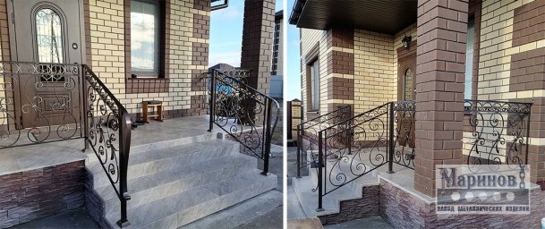 Кованые перила широкой входной площадки с круглыми фигурами и ажурными завитками ПУ-23