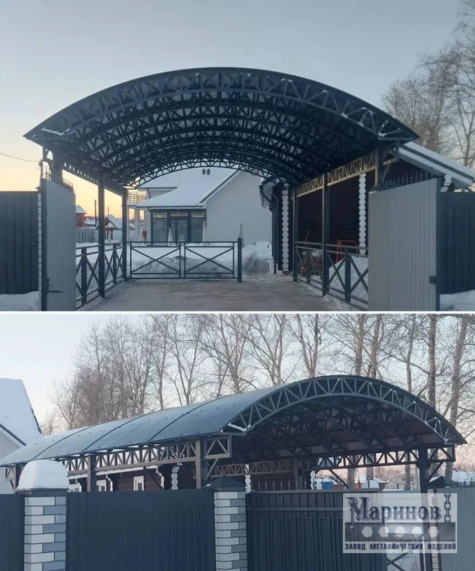 Арочный металлический навес с ажурными фермами и контрастными боковыми полосами Н-57