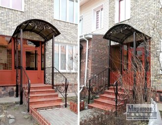 Арочный металлический козырёк над высокой входной площадкой на тонких стойках К-20