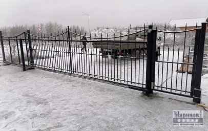 Ажурные металлические ворота и калитка с вертикальными прутьями и пиками В-43