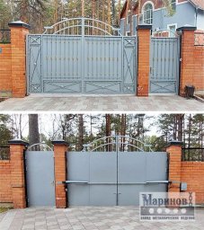 Серые металлические ворота с калиткой и открытым арочным навершием В-4