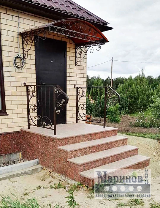 Металлическая входная группа с компактным козырьком и боковыми перилами с завитками ВГ-18 — фото 1