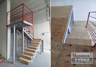 Лестница на светлом металлическом каркасе с площадкой и красными перилами Л-33