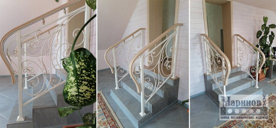 Белые кованые перила с растительными завитками и светлым закруглённым поручнем П-37