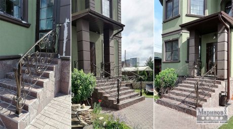 Кованые перила высокого крыльца с крупными завитками и декоративными листьями ПУ-1