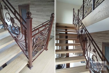 Кованые перила коричневого оттенка с цветочным узором и круглыми навершиями П-84