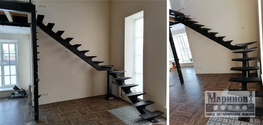Металлический каркас лестницы на центральном косоуре с нижним поворотом Л-9